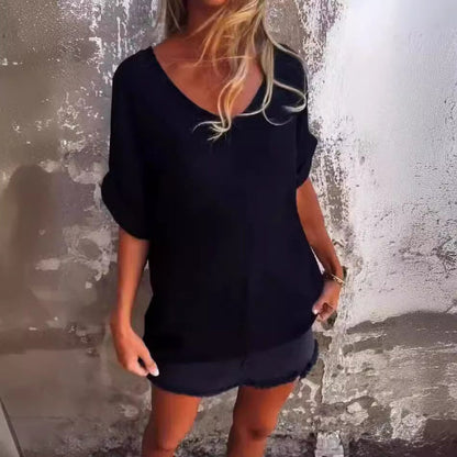 Dames T-Shirt V-Hals Katoen Linnen Zomer – Elise