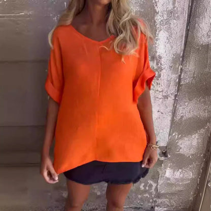 Dames T-Shirt V-Hals Katoen Linnen Zomer – Elise