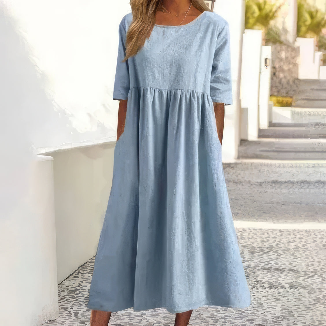 Luchtige relaxed maxi zomerjurk met korte mouwen – Alessia